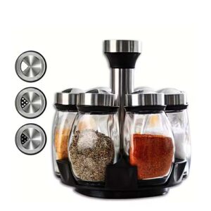 Maddox 6-Piece Rotating Glass Spice Jar Set with Stainless Steel Lids & Stand