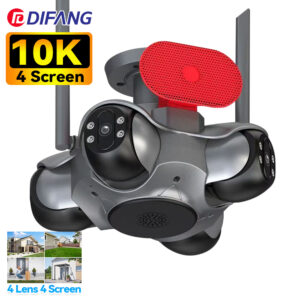 DIFANG 10K Quad-Lens Solar Security Camera – 4-Screen PTZ WiFi Camera with Siren & Speaker