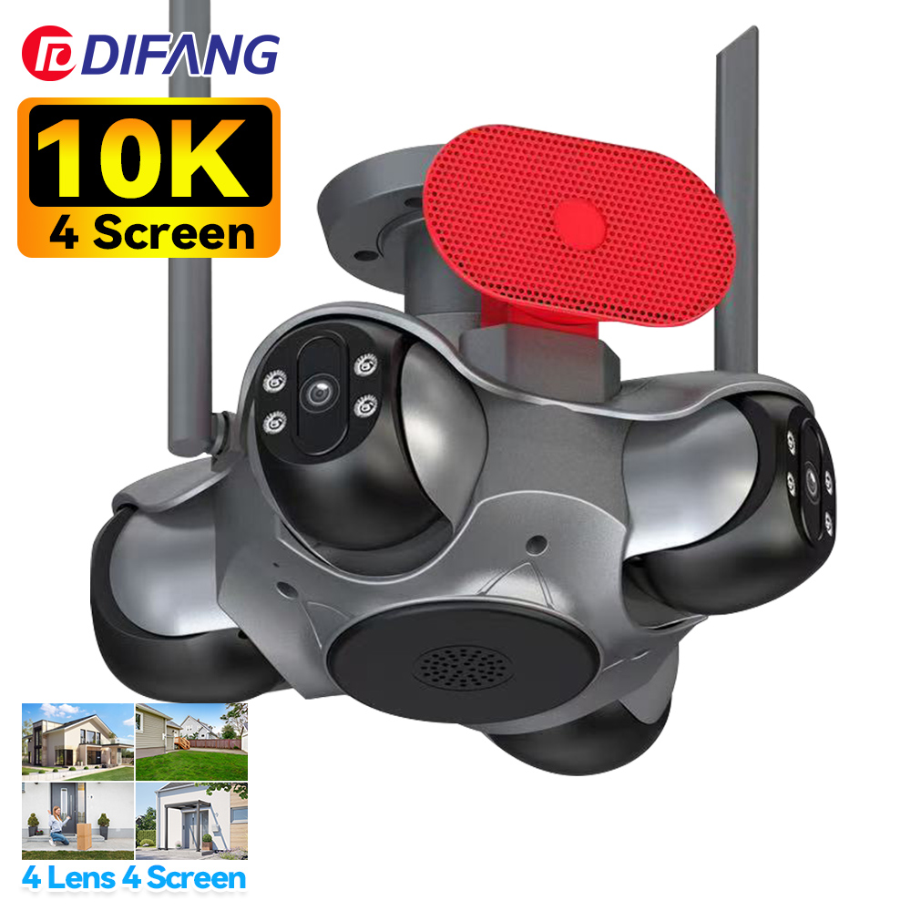 DIFANG 10K Quad-Lens Solar Security Camera – 4-Screen PTZ WiFi Camera with Siren & Speaker