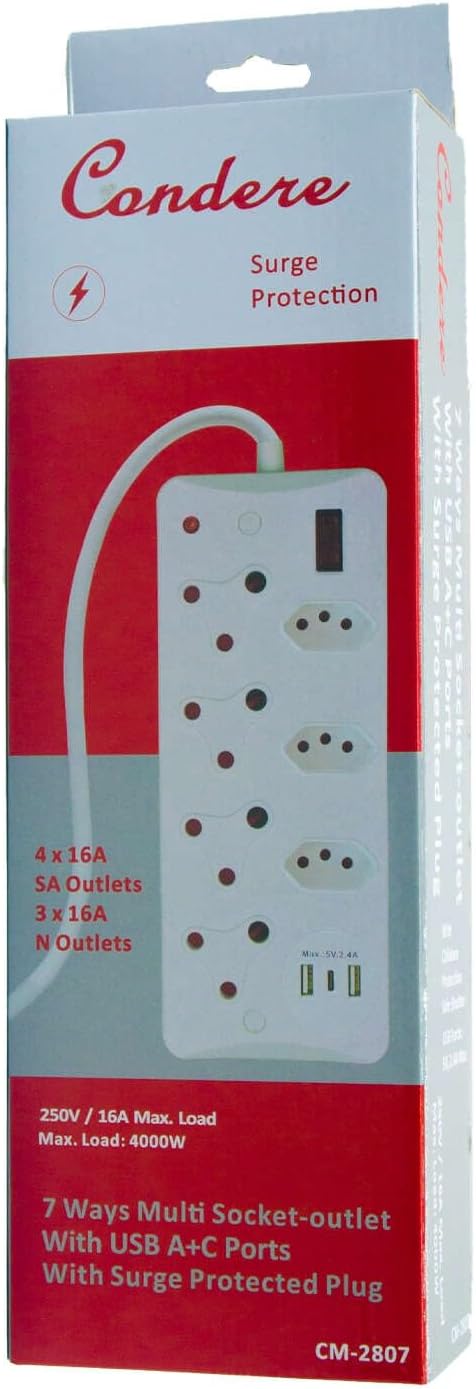 Condere 7-Way Multi-Socket Extension Lead – Surge Protected Adapter with USB & Type-C Ports - Image 3