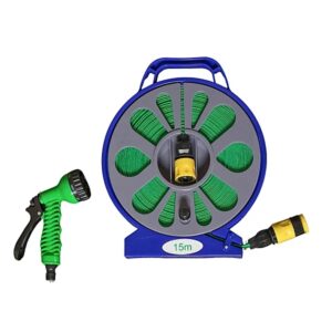 15m Portable Garden Hose Pipe Reel Set with Multi-Pattern Spray Gun Nozzle