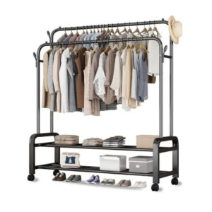Double Pole Mobile Garment Rack with 2-Tier Storage Shelves & Wheel Casters – Black