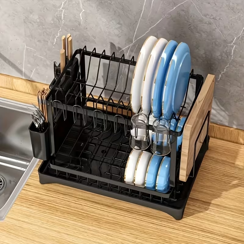 Premium 2-Tier Countertop Dish Drying Rack – Heavy-Duty Kitchen Organizer with Drainboard & Utensil Holder - Image 2