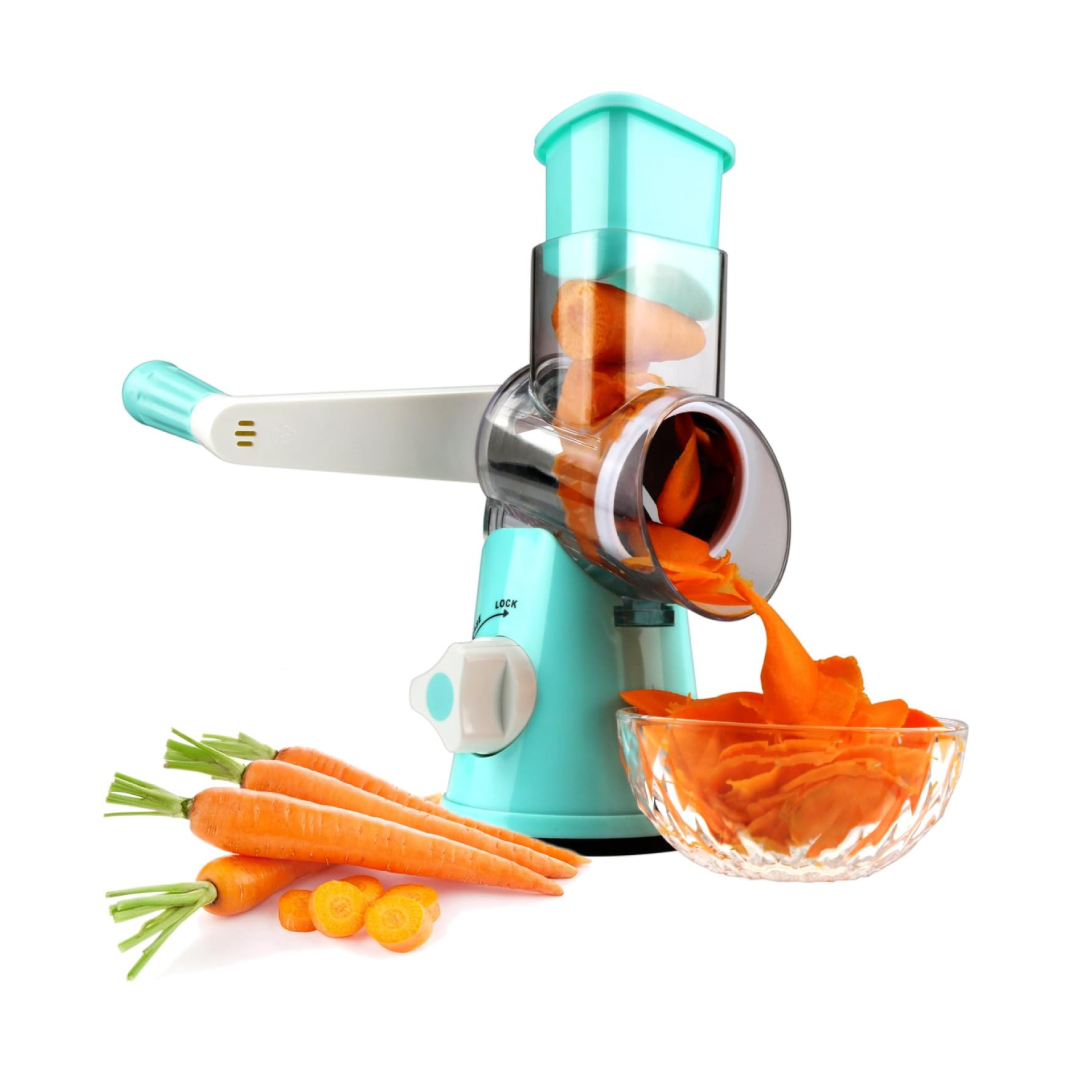 3-in-1 Rotary Tabletop Drum Grater, Vegetable Slicer & Manual Cheese Shredder - Green