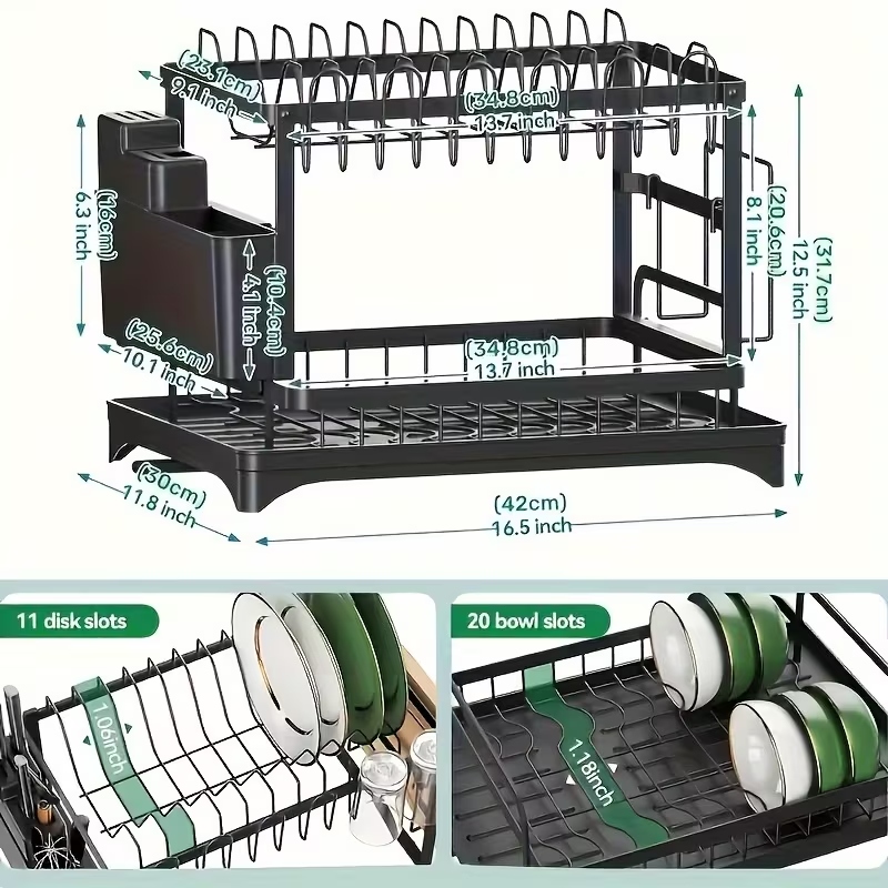 Premium 2-Tier Countertop Dish Drying Rack – Heavy-Duty Kitchen Organizer with Drainboard & Utensil Holder - Image 3