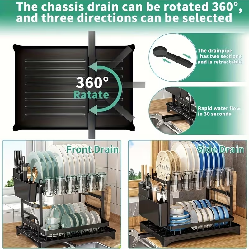 Premium 2-Tier Countertop Dish Drying Rack – Heavy-Duty Kitchen Organizer with Drainboard & Utensil Holder - Image 4