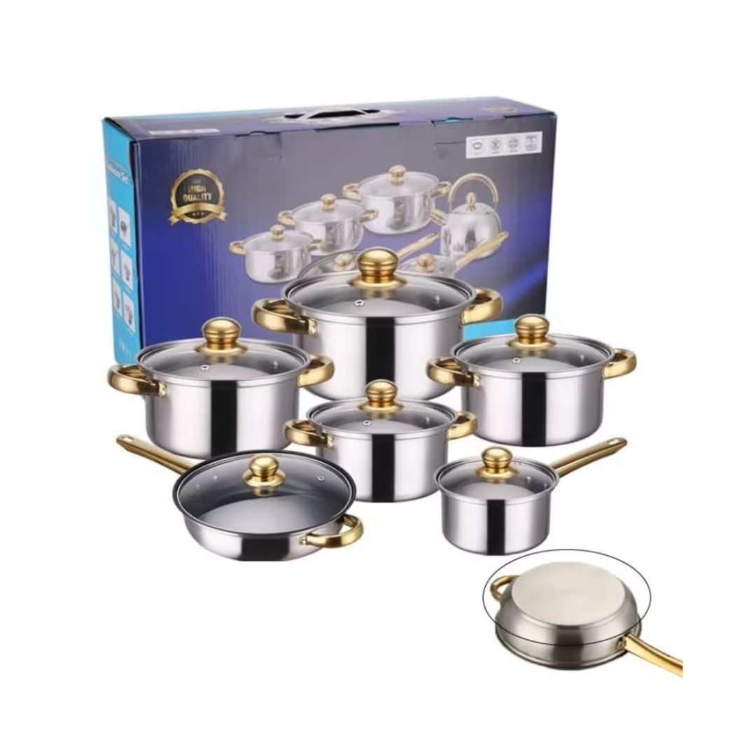Premium 12-Piece Stainless Steel Cookware Set - Luxury Kitchen Pots, Frying Pan & Stovetop Kettle Kit (Gold Accents)