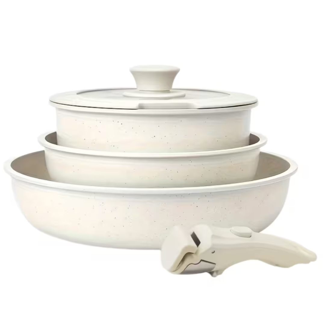 6-Piece Space-Saving Non-Stick Ceramic Cookware Set - Modular Pots and Pans with Detachable Handle (Off-White)