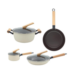 AIYI 7-Piece Refined Iron Non-Stick Cookware Set - Premium Pots, Saucepan & Frying Pans Kit (Wooden Accents)