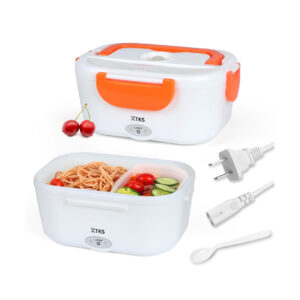 TKS Portable Electric Heating Lunch Box - Multi-Compartment Thermal Food Warmer (White & Orange)