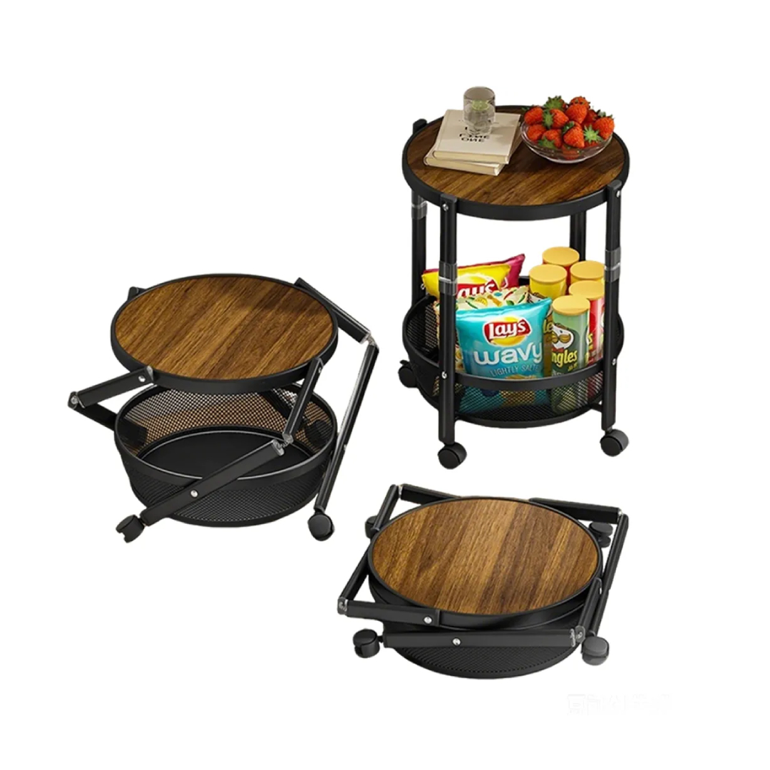 Collapsible 2-Tier Round Side Table Rolling Cart - Portable Wooden Top End Table with Mesh Storage Basket & Wheels