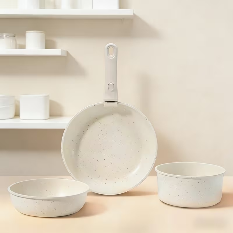 6-Piece Space-Saving Non-Stick Ceramic Cookware Set - Modular Pots and Pans with Detachable Handle (Off-White) - Image 2