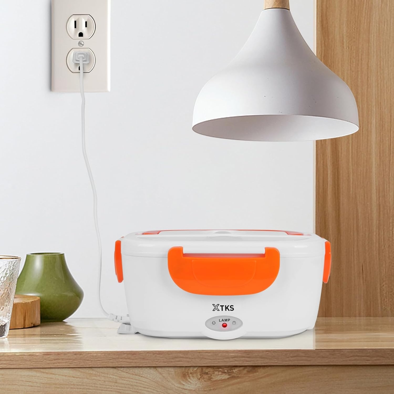 TKS Portable Electric Heating Lunch Box - Multi-Compartment Thermal Food Warmer (White & Orange) - Image 2