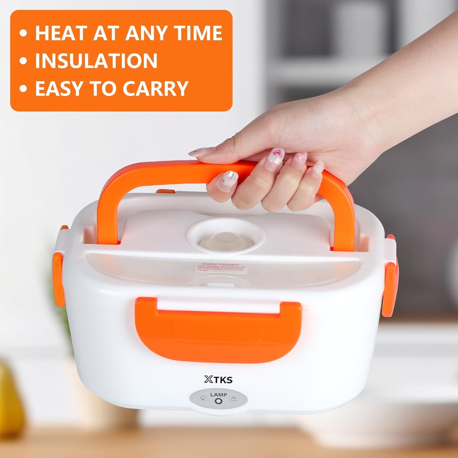 TKS Portable Electric Heating Lunch Box - Multi-Compartment Thermal Food Warmer (White & Orange) - Image 3
