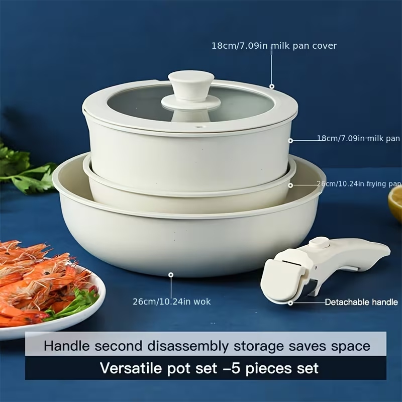 6-Piece Space-Saving Non-Stick Ceramic Cookware Set - Modular Pots and Pans with Detachable Handle (Off-White) - Image 3