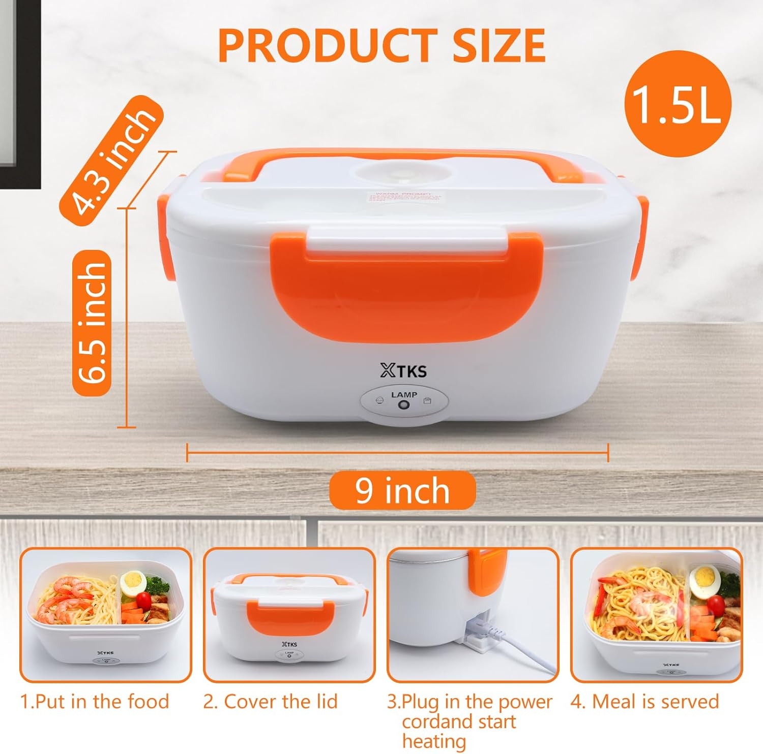 TKS Portable Electric Heating Lunch Box - Multi-Compartment Thermal Food Warmer (White & Orange) - Image 4