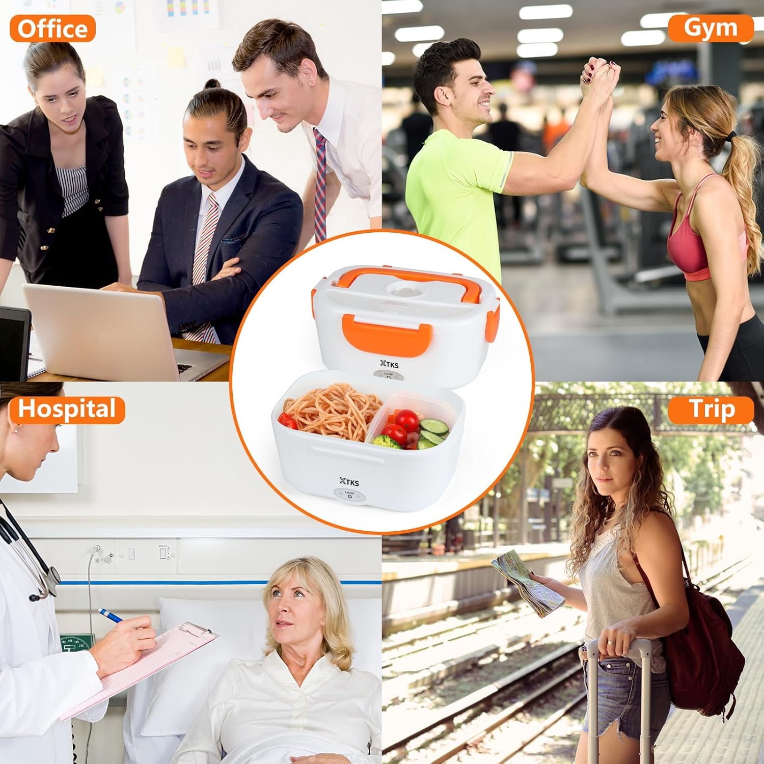 TKS Portable Electric Heating Lunch Box - Multi-Compartment Thermal Food Warmer (White & Orange) - Image 5