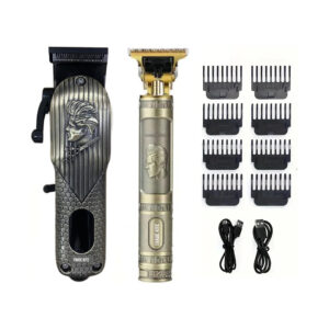 Yachen Professional Cordless Hair Clipper & T-Blade Detail Trimmer Set - Vintage Engraved Barber Grooming Kit with Digital Display