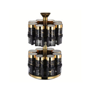12-Piece Revolving Spice Rack Organizer - 2-Tier Rotating Marble Pattern Glass Spice Jar Tower Set