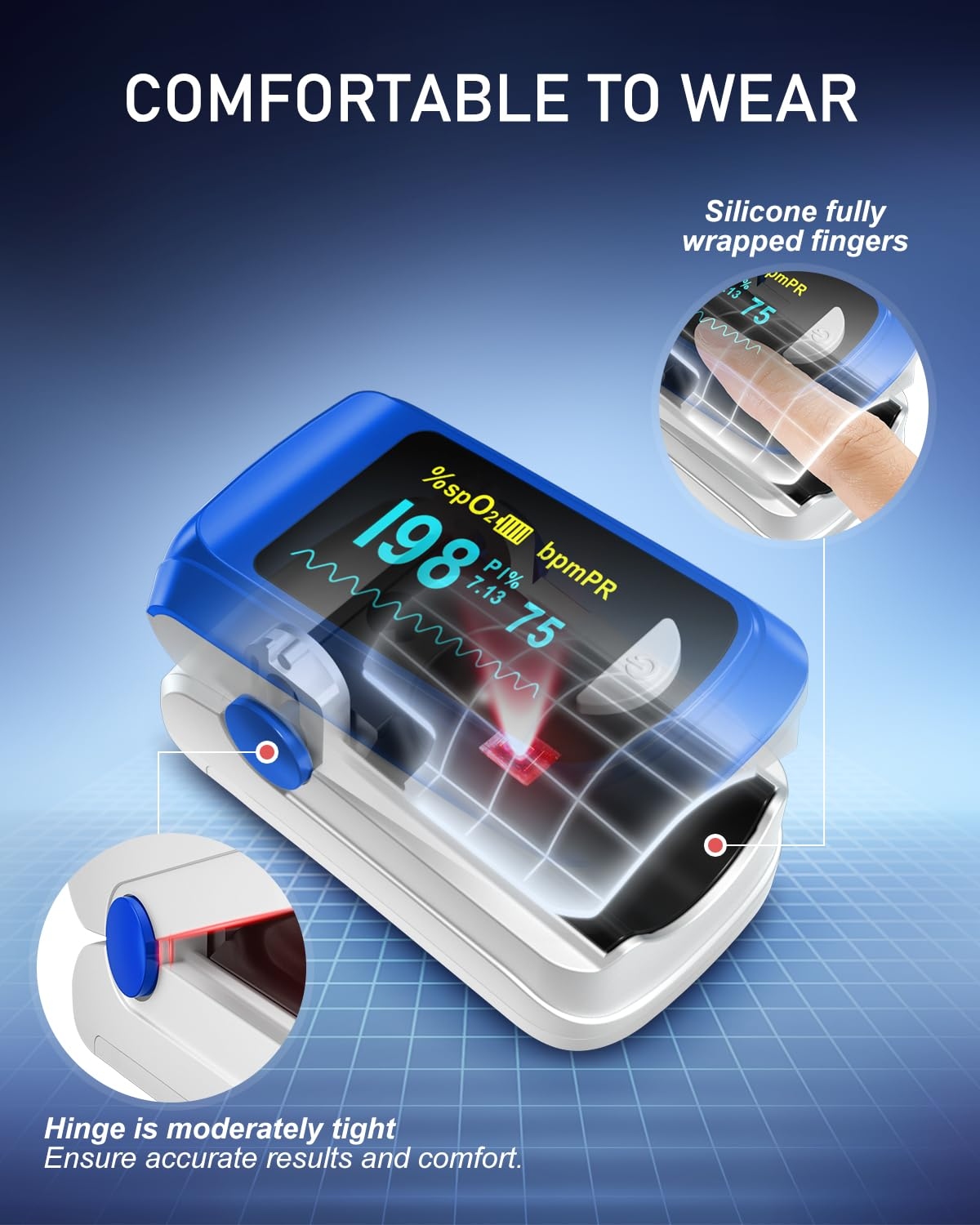 Fingertip Pulse Oximeter - Digital Blood Oxygen Saturation (SpO2) & Pulse Rate Monitor with Color LED Display - Image 2